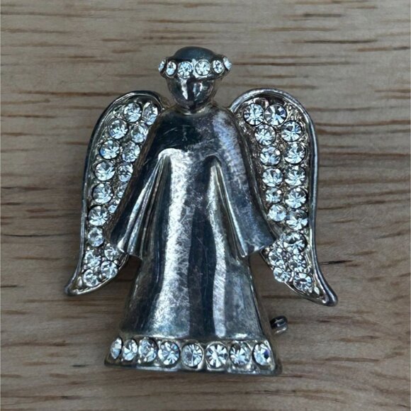 Vintage Monet Angel Brooch With Rhinestones - Silver Tone Pin - Sparkling Wings - Picture 1 of 4
